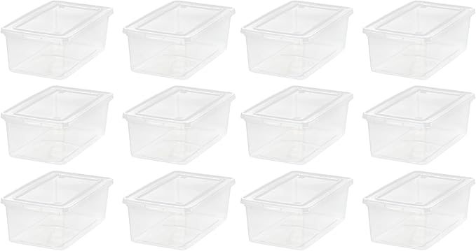 IRIS USA 12-Pack Storage Bins with Lids, 6 Quart - Crystal Clear, Shoe Boxes Stackable Containers Organize Shoes Closet Shelves, Teacher Tools Classroom Organization, Game - BPA-Free Plastic
