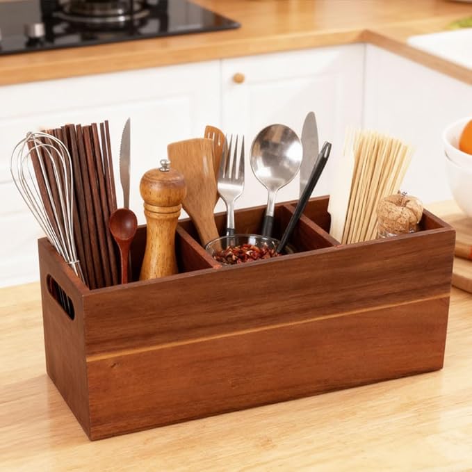 Wooden Utensil Holder for Kitchen Counter, 12'' Extra Large Acacia Kitchen Utensil Holder with 3 Removable Compartments, Wood Utensil Organizer Storage for Cooking Tools and Cutlery