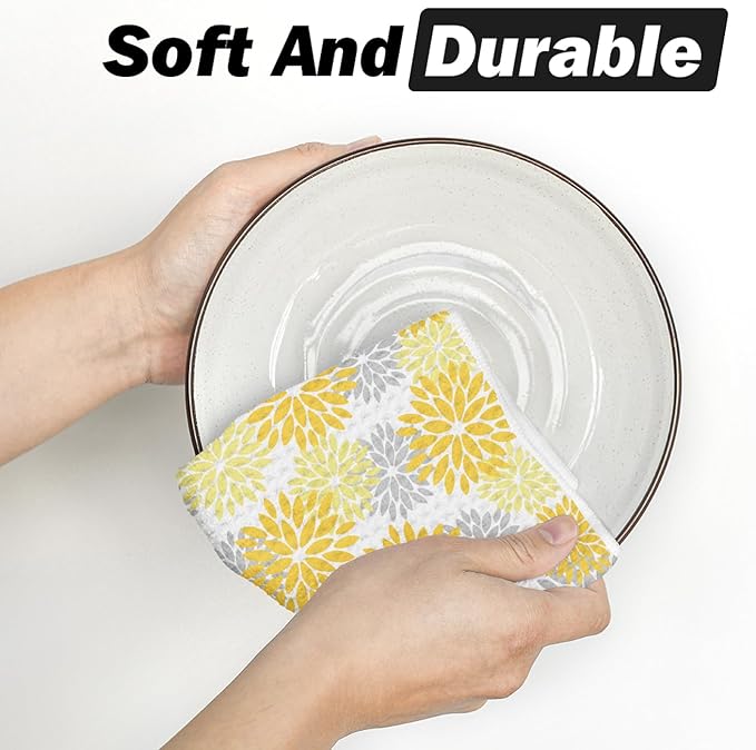 Artoid Mode Yellow Dahlia Floral Kitchen Dish Cloths, 12x12 Inch Quick Dry Microfiber Dishcloths for Kitchen Premium Dish Rags Set of 2