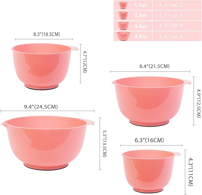 BoxedHome Nesting Plastic Mixing Bowl Set With Pour Spout, Microwave and Dishwasher Safe, BPA free Non-Slip Base, Set of 4 Size 1.7, 2.5, 3.5 and 4.5qt, Great for Prepping, Baking