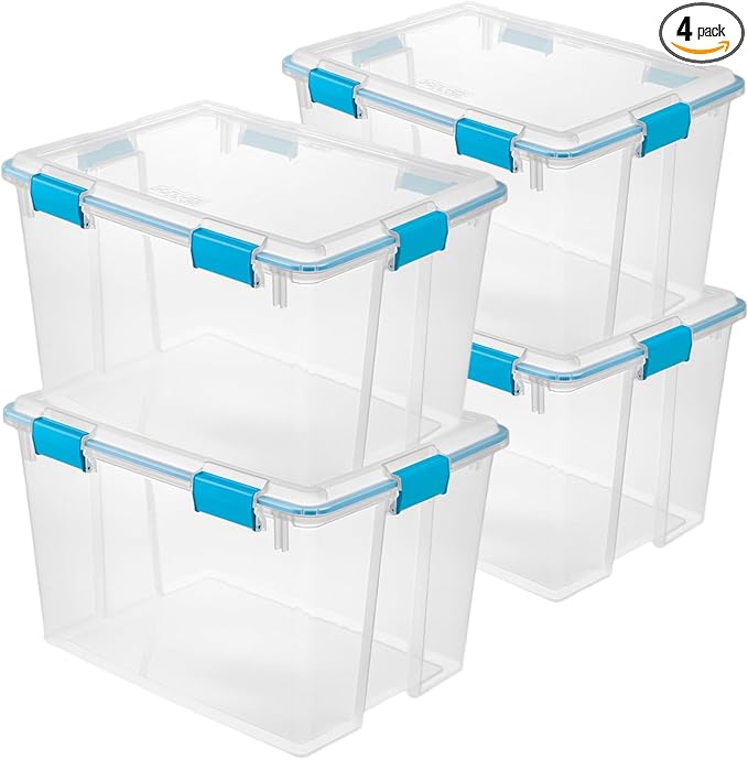Sterilite 4-Pack Gasket Box, Weather-Resistant Storage Bins with Latching Lids, 80 Quart - Heavy-Duty Organizing Containers for Closet, Bathroom, and Office