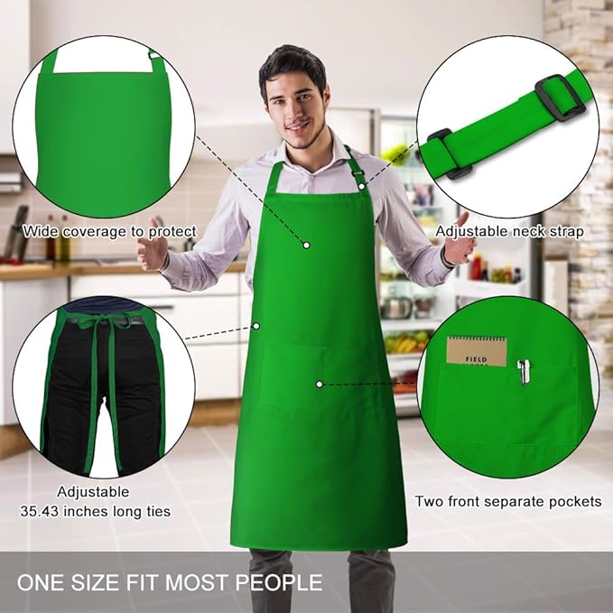 Jubatus 2 Pack Bib Aprons with 2 Pockets Cooking Chef Kitchen Apron for Women Men, Green