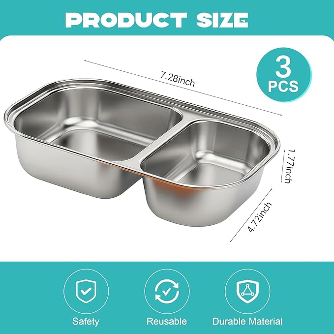 3 Pack Stainless Steel Snack Containers with Silicone Lids, 2 Compartment Food Storage for Office, Work, Travel, Meal Prep, Hiking, Picnic