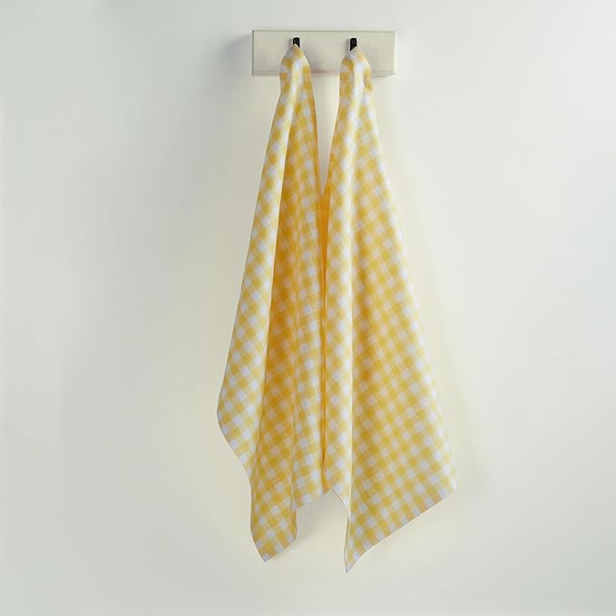 Solino Home Linen Kitchen Towels Set of 2 - Marigold Yellow 17 x 26 Inch - 100% Pure Linen Gingham Check Kitchen/Tea Towels - Machine Washable and Handcrafted from European Flax