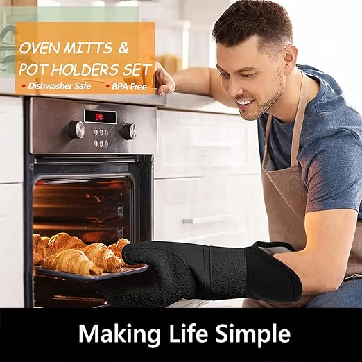 Silicone Oven Mitts and Pot Holders Sets, MTZRFLL Extra Long Heat Resistant Oven Gloves with Hot Pads and Mini Oven Mits Set for Kitchen Baking Cooking, Soft Quilted Lining, Pack of 6 (Black)