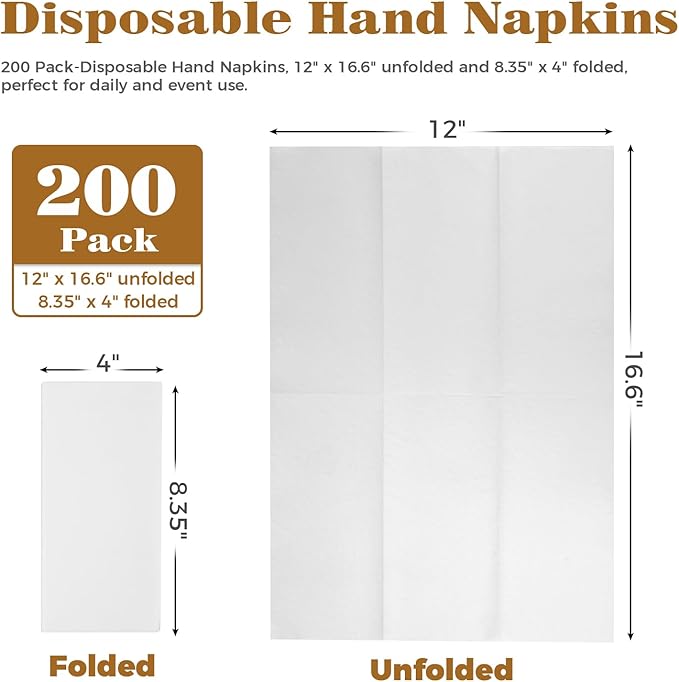 GINKGO 200 Pack Disposable Linen-Feel Guest Hand Towels, Thick & Absorbent Paper Hand Napkins, Cloth-Like Bathroom Towels for Everyday, Wedding, Party & Kitchen – White