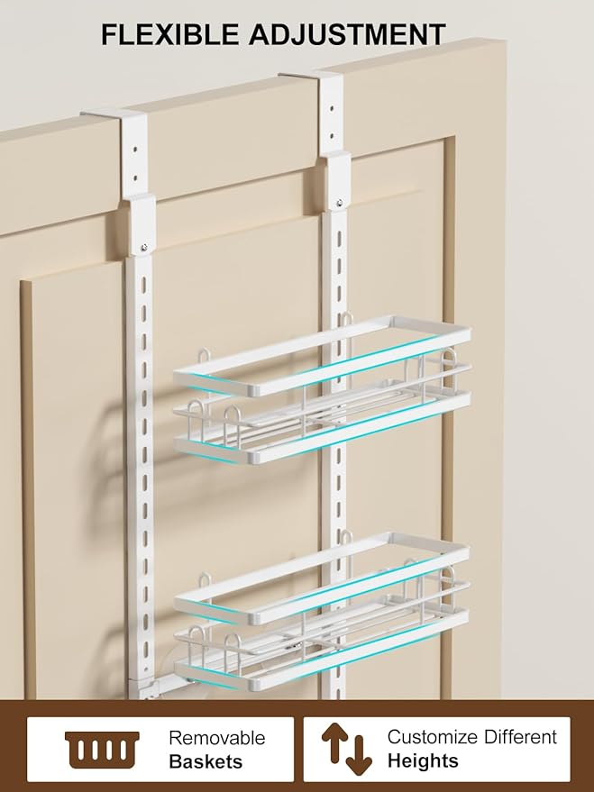 Delamu 9-Tier Over the Door Pantry Organizer, Adjustable Pantry Door Organizers and Storage, Metal Hanging Basket Wall Spice Rack Seasoning Organizer, Door Organizer Kitchen Bedroom Bathroom,12"White
