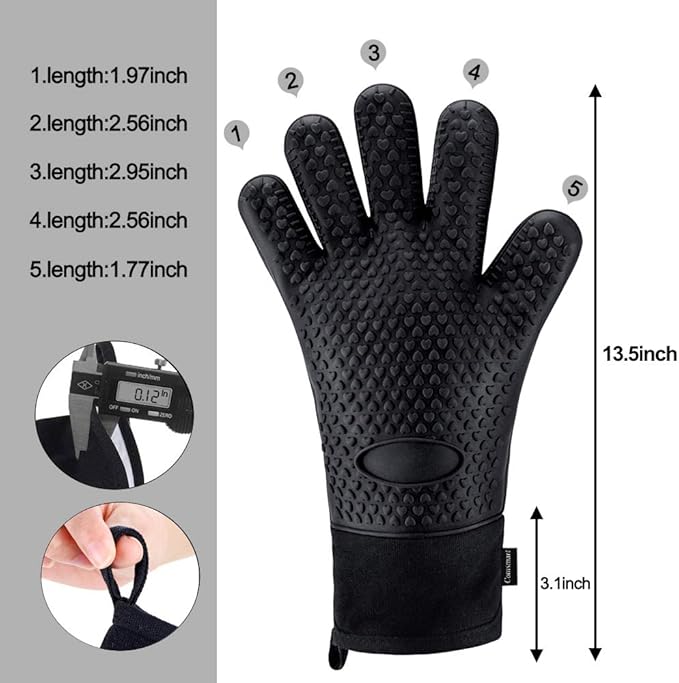 Comsmart BBQ Gloves, Heat Resistant Silicone Grilling Gloves, Long Waterproof BBQ Kitchen Oven Mitts with Inner Cotton Layer for Barbecue, Cooking, Baking, Smoker(Black)