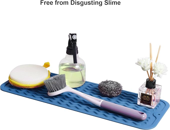 ZLR Silicone Sponge Holder & Sink Caddy Tray (6" x 17") - Narrow Dish Drying Mat for Kitchen Counter - Waterproof Soap Dispenser Organizer, Non-Slip Bathroom Vanity Tray (Lichen Blue)