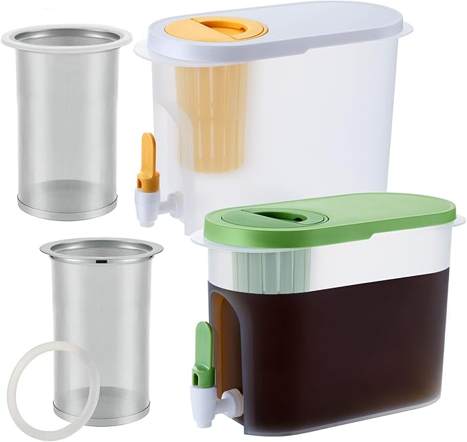 Gerrii 2 Pcs Cold Brew Maker, 1 Gallon Plastic Beverage Dispenser with 2 Filters, Drink Dispenser for Fridge, Cold Brew Pitcher with Spigot, Container for Juice, Water, Tea(Green, Yellow)