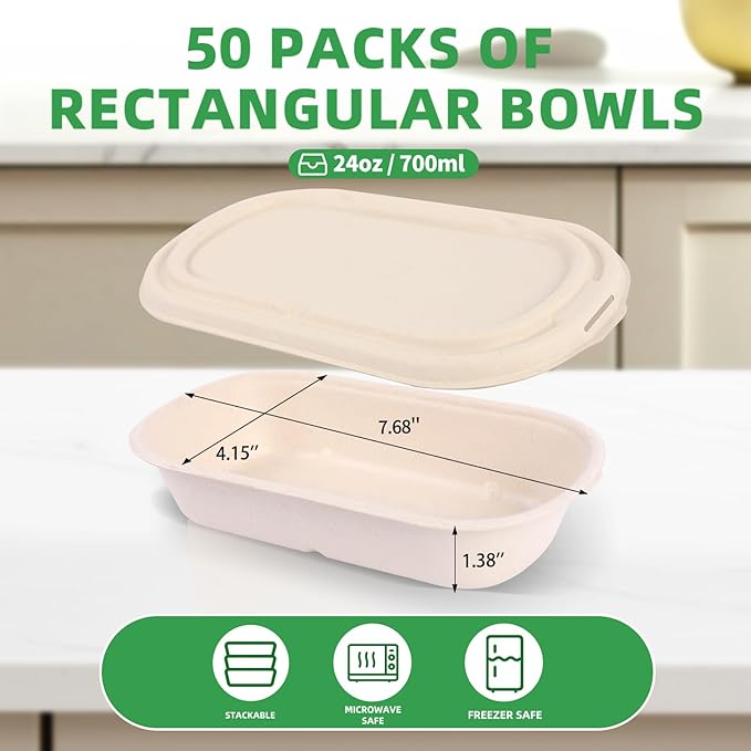 50Pcs(24oz) Disposable Meal Prep Food Containers with Lids,Lunch Salads Microwaveable and Freezable Compostable Safe Non Plastic Food Storage，Biodegradable Take Out Food Bento Boxes.