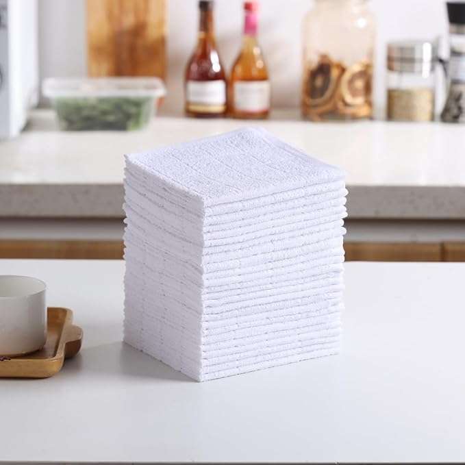 Oeleky Kitchen Dish Cloths, Cotton Shop Rags, 11x11 Inches, Absorbent Cleaning Dish Rags for Home and Kitchen (24, White)