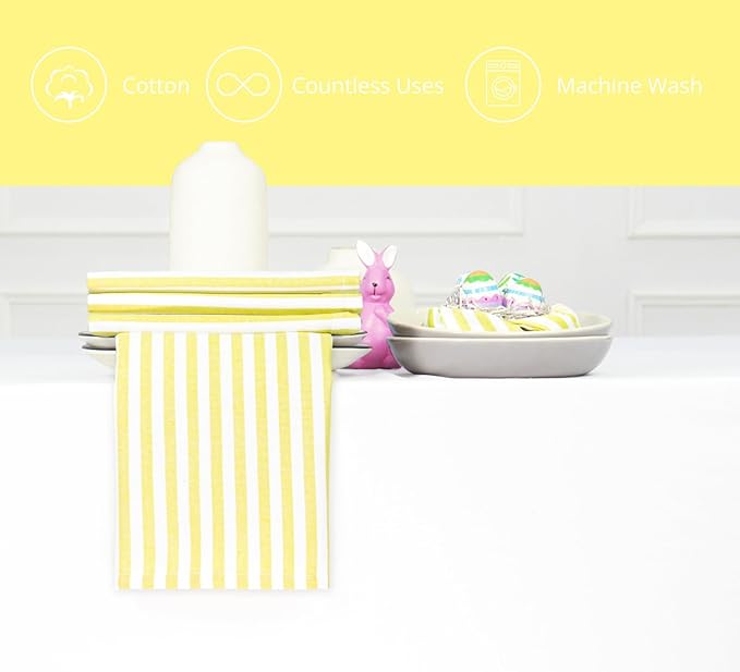 PurpleEssences Plain Striped Cloth Napkins - Set of 12-100% Cotton - 18 x 18 Inch - Spring Easter Summer and Perfect Everyday Use Dinner Napkin - Yellow and White
