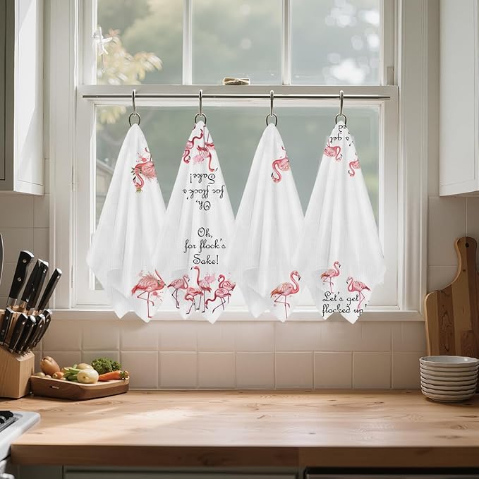 Jztco 4 Pcs Funny Flamingo Kitchen Towels 24x14 Inch, Hot Pink Bird Reusable Dish Towels for Kitchen Home Bathroom Decor, Waffle Weave Absorbent Hand Cloth Tea Towel, Flamingo Gifts for Women Mom