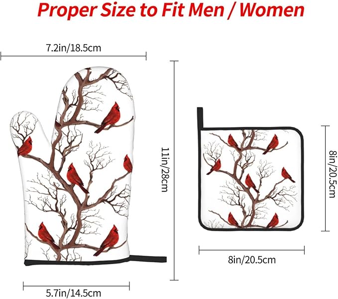 Winter Cardinal Birds Oven Mitts and Pot Holders Sets of 3 Kitchen Hot Pads Oven Gloves Heat Resistant Washable for Cooking Grilling Baking Christmas Holiday Kitchen Decor Cardinal Gifts for Women