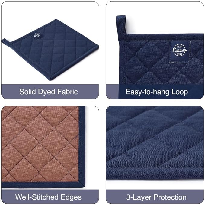 Encasa XO Heat Resistant Cotton Pot Holders with Hanging Loop - Set of 2 - Scotch Blue - Multipurpose Quilted Everyday Hot Pad for Kitchen, Camping, BBQ & Microwave - 8x8 in