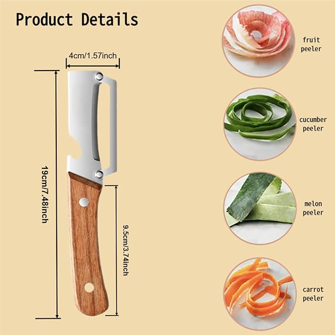 Zero Wooden Kitchen Tool, Multifunctional Vegetable Peeler, Stainless Steel Sharp Blades Carrot Potato Peeler with Wooden Handle and Bottle Opener Kitchen Tool (3Pcs)