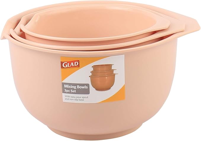 Glad Mixing Bowls with Pour Spout| Nesting Design Saves Space | Non-Slip, BPA Free, Dishwasher Safe Plastic | Kitchen Cooking and Baking Supplies, Blush, 3 piece set