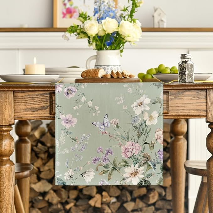 Artoid Mode Green Floral Wildflower Leaf 210 GSM Spring Table Runner, Seasonal Summer Kitchen Dining Table Decoration for Home Party Decor 13x72 Inch