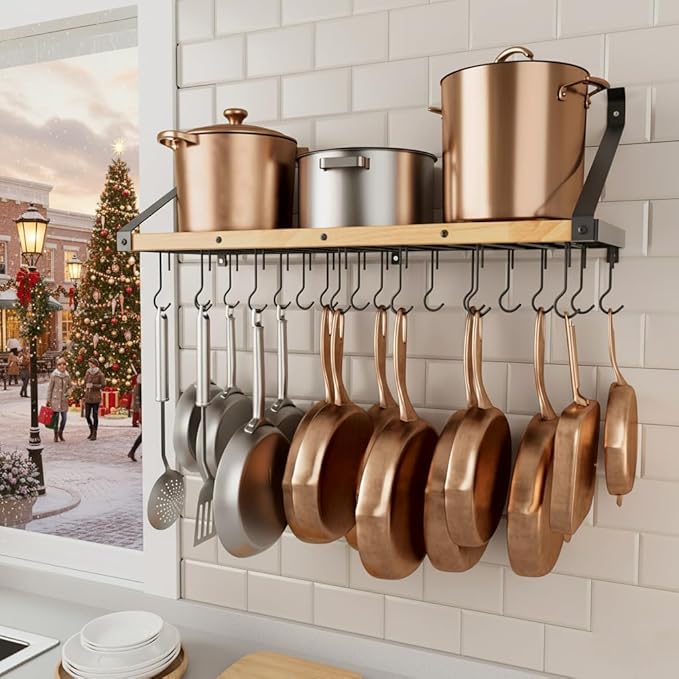 KES Pot Rack Wall Mounted 34 Inch, Pot and Pan Hanging Rack with 20 Sturdy Hooks, Solid Wood Pot and Pan Hanger Organizer, Matte Black, KUR529S85A-BK