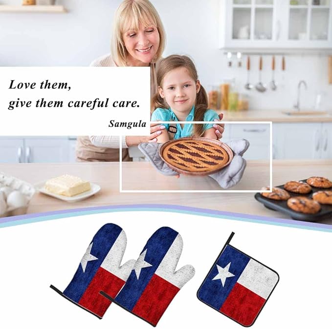 Flag Oven Mitts and Pot Holders Sets Blue Red White Star Retro Heat Resistant 3pcs for Cooking Baking BBQ