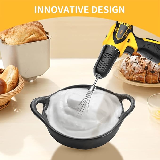 homicozy 3-Piece Stainless Steel Hand Mixer Attachment Set - Whisk, Dough Hook, Egg Beater for Drills - Dishwasher Safe, 7.5 Inch (Drill Not Included)