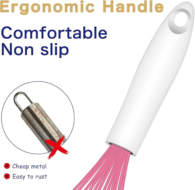 OYV Pink Silicone Whisk, Sealed Waterproof Design Set of 3, Professional Kitchen Whisks for Cooking Non-Scratch, Silicone&Stainless Steel Whisk, Heat Resistant 480°F Rubber wisk, BPA free