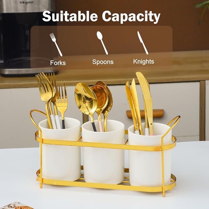 3-Piece White Ceramic Silverware Holder for Party Countertop, Utensil Holder with Golden Metal Rack Flatware Caddy Cutlery Storage Organizer for Kitchen Table (White+Gold A)