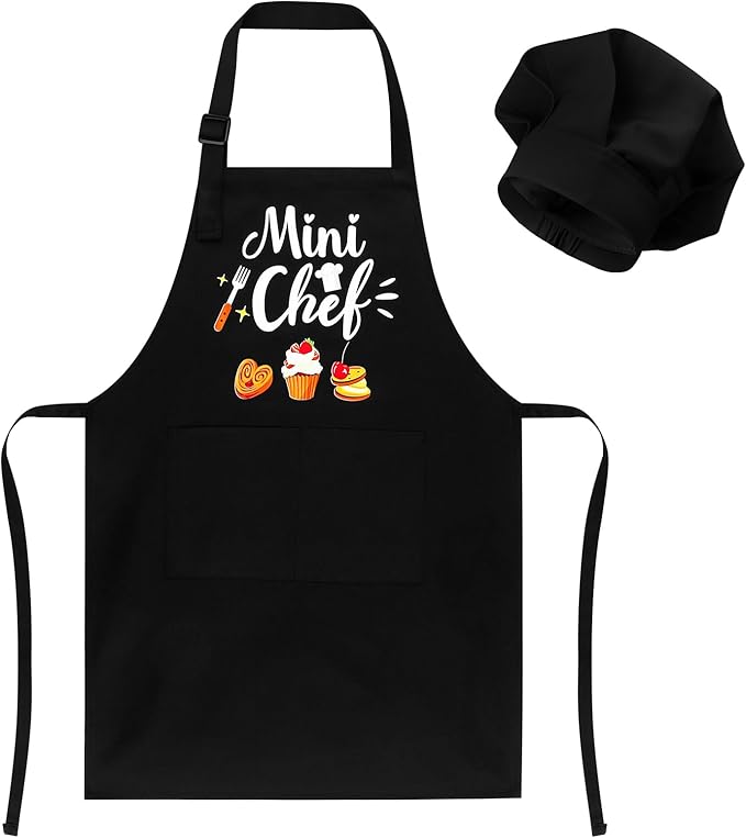 Kids Apron and Chef Hat Set, “Mini Chef” Funny Apron Adjustable Kitchen Apron for Boys and Girls