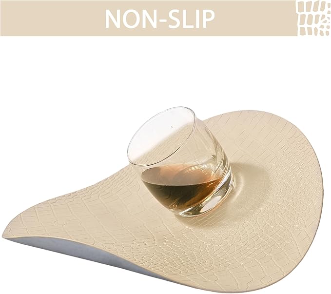 Jovono Round Leather Placemats for Round Tables Set of 6, Beige Place Mats and Coasters, Wipeable Waterproof Heat Resistant Table Mats Easy to Care for Indoor Decor 14 inch Diameter