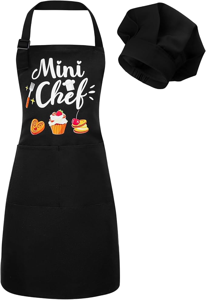 Kids Apron and Chef Hat Set, “Mini Chef” Funny Apron Adjustable Kitchen Apron for Boys and Girls
