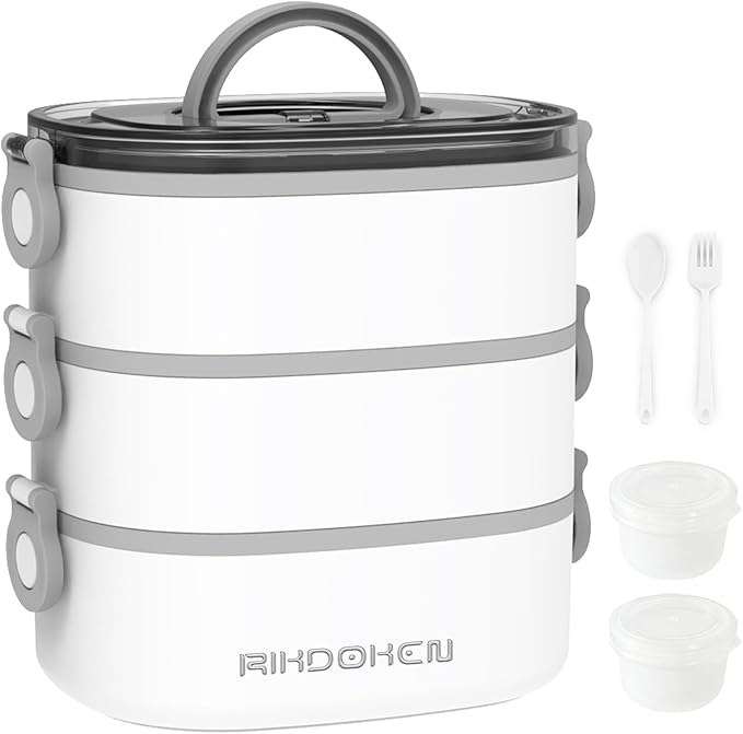 RIKDOKEN Lunch Box, Stackable 3 Layers Containers, Portable 94OZ Large Capacity Leakproof Bento Box with Spoon & Fork & Sauce Boxes, Microwave Safe Lunch Box for Kids and Adults