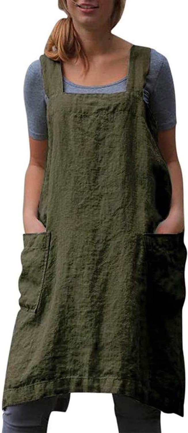 VLZUFE Cotton Linen Apron for women Cross Back Apron Pinafore Dress for Baking Cooking Gardening Work