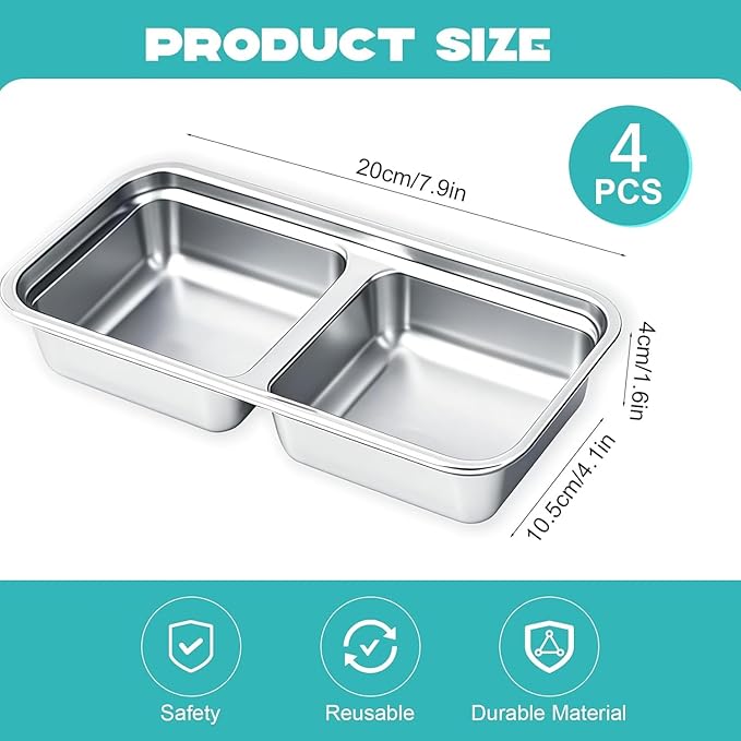 4Pcs 304 Stainless Steel Snack Containers, 2 Compartments Portable Food Storage Bento Boxes with Lids, Divided Meal Prep Lunch Box Food Container Dishwasher Safe