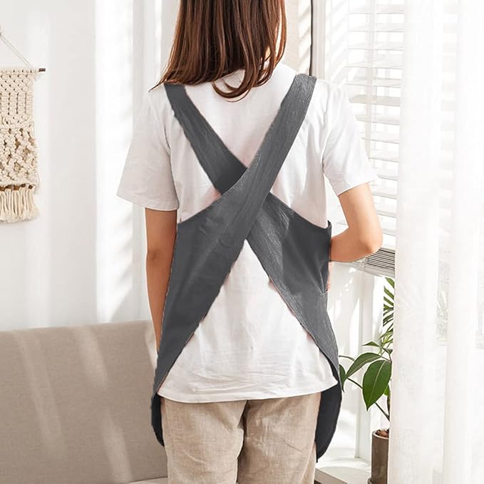 Cotton Cross Back Aprons Solid Color Cooking Kitchen Garden Smock for Women Girls with Pockets