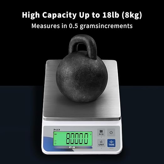 Polit KT-66 Digital Kitchen Scale 18lb/8kg – High-Capacity 0.5g Precision Food & Utility Scale with Stainless Steel Tray for Baking, Cooking, Market Produce and Small Business Weighing