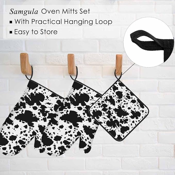 Black Brindle Oven Mitts and Pot Holders Sets Milk Cow Skin Spots Creative Heat Resistant 3pcs for Cooking Baking BBQ