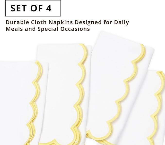 PurpleEssences Scalloped Embroidery Cloth Napkins - Spring Easter Summer - Table Decor - 100% Cotton - Set of 4-18x18 inch - White - Edges - Yellow