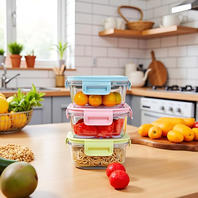 2Cup Square Glass Food Storage Containers, Small Square Food Containers With Airtight Lids Leak-proof, BPA free 16oz Glass Meal Prep Bowls, Dishwasher, Microwave, Freezer Safe (4 color)