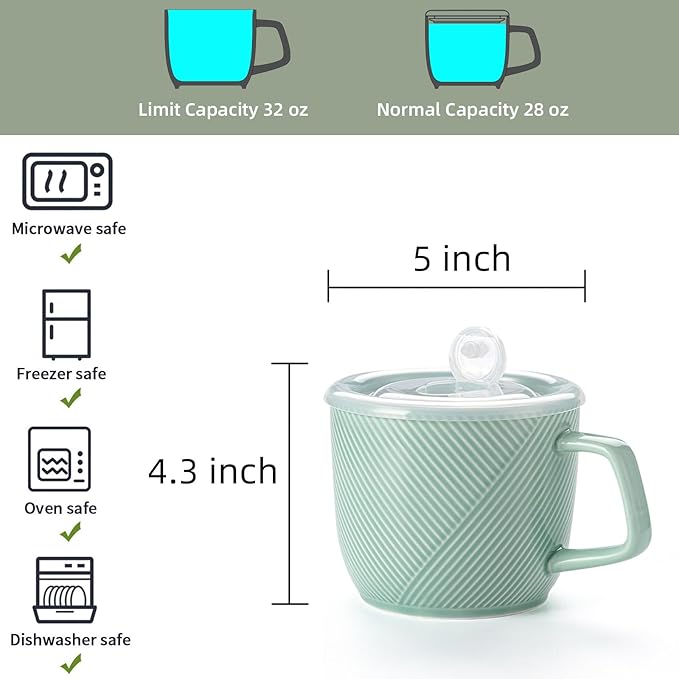 Ceramic Soup Bowl with Lid & Handle: 32 oz Microwave Safe Food Container for Ramen Noodles Cereal Leftovers - Extra Large Mugs for Breakfast Lunch Picnic Camping - Mint Green, Set of 1