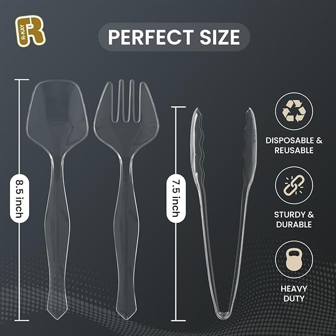 18 Pcs Clear Plastic Serving Utensils Set - 6 Clear Plastic Serving Spoons, 6 Tongs And 6 Forks - Heavy Duty Disposable Serving Utensils Set For Parties