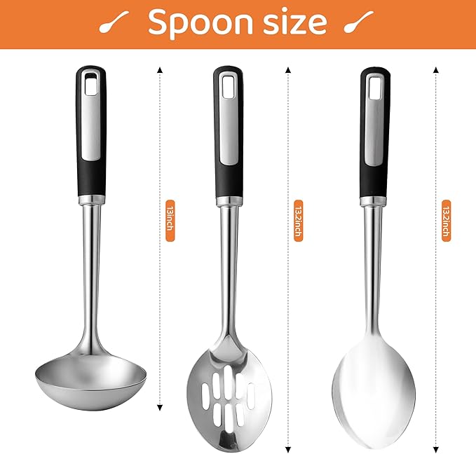Stainless Steel Cooking Spoons Set, Large Serving Spoons Stainless Steel with Soup Ladle, Solid Spoon & Slotted Spoon, 3-Piece Thickened Metal Cooking Spoon for Kitchen Serving & Cooking