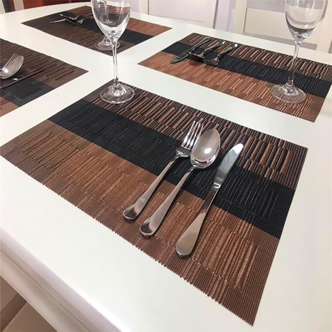 PIGCHCY Vinyl Placemats Set of 12 Washable Durable Kitchen Table Mats Easy to Clean Plastic Placemats for Dining Table (Brown)