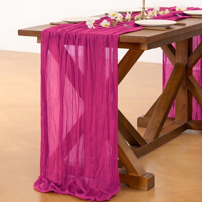 Socomi 2pcs Hot Pink Spring Cheesecloth Table Runner Fuchsia Boho Rustic Gauze 120 inch 10FT Cheese Cloth Runner for Wedding Party Baby Shower Birthday Home Decor