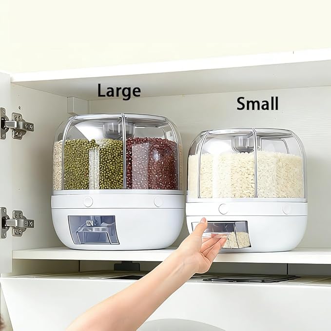 Rotating Grain Storage Bin 6 Grids Rice Container One-Click Output Large Capacity Food Dispenser For Rice Grains Sealed Moisture Proof Organizer (Small)