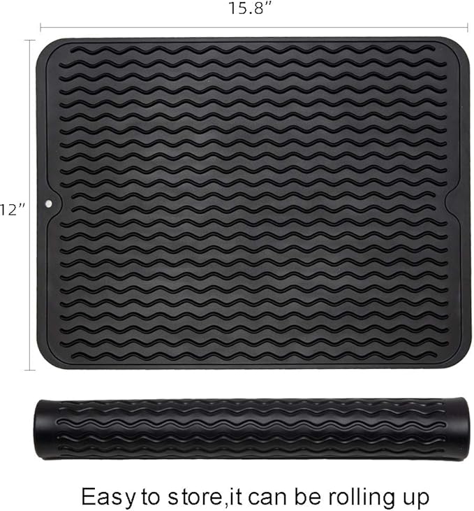 ZLR 2 Pcs Silicone Dish Drying Mat & Heat Resistant Trivet (12" x 16") - Waterproof Counter Protector for Coffee Maker - Non-Slip, BPA Free Kitchen Pad, Easy Clean Dishwasher Safe (Black)