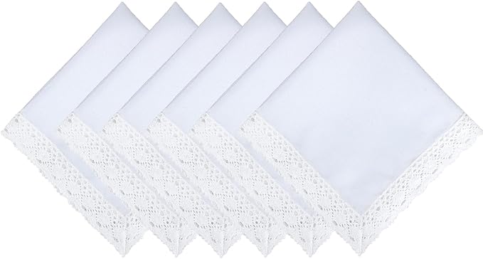 EHouseHome Dinner Cloth Napkins with Lace Trim Waterproof Spillproof Faux Linen Fabric Napkins,Set of 6, 18 x 18 Inch,White