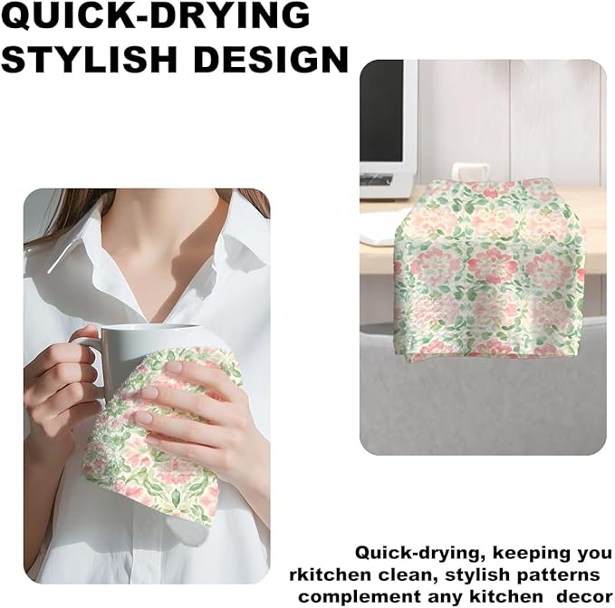 4 Pcs Watercolor Floral Kitchen Towels, Artistic Pink Green Decorative Absorbent Microfiber Dish Cloth Tea Towel, Durable Waffle Hand Towels for Farmhouse Home Bathroom, Housewarming Gifts
