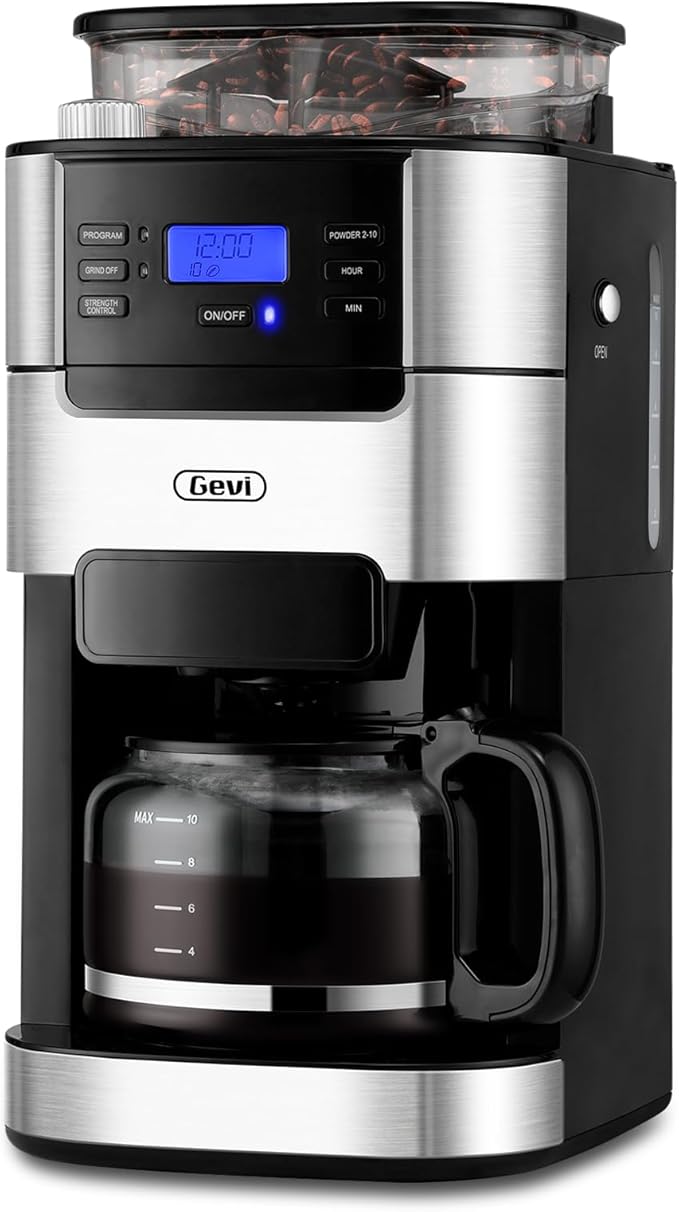 Gevi 10-Cup Drip Coffee Maker, Built-in Burr Grinder, 1.5L Water Tank, Programmable Timer, Auto Keep-Warm, Reusable Filter, Fresh Grind Coffee Machine, Black
