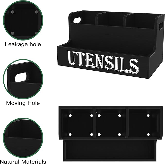 Suli Kitchen Utensils Holder, Wooden Utensil Organizer for Kitchen Countertop, Farmhouse Utensil Storage, Rustic Cooking Utensils ,4 Compartments,- Black